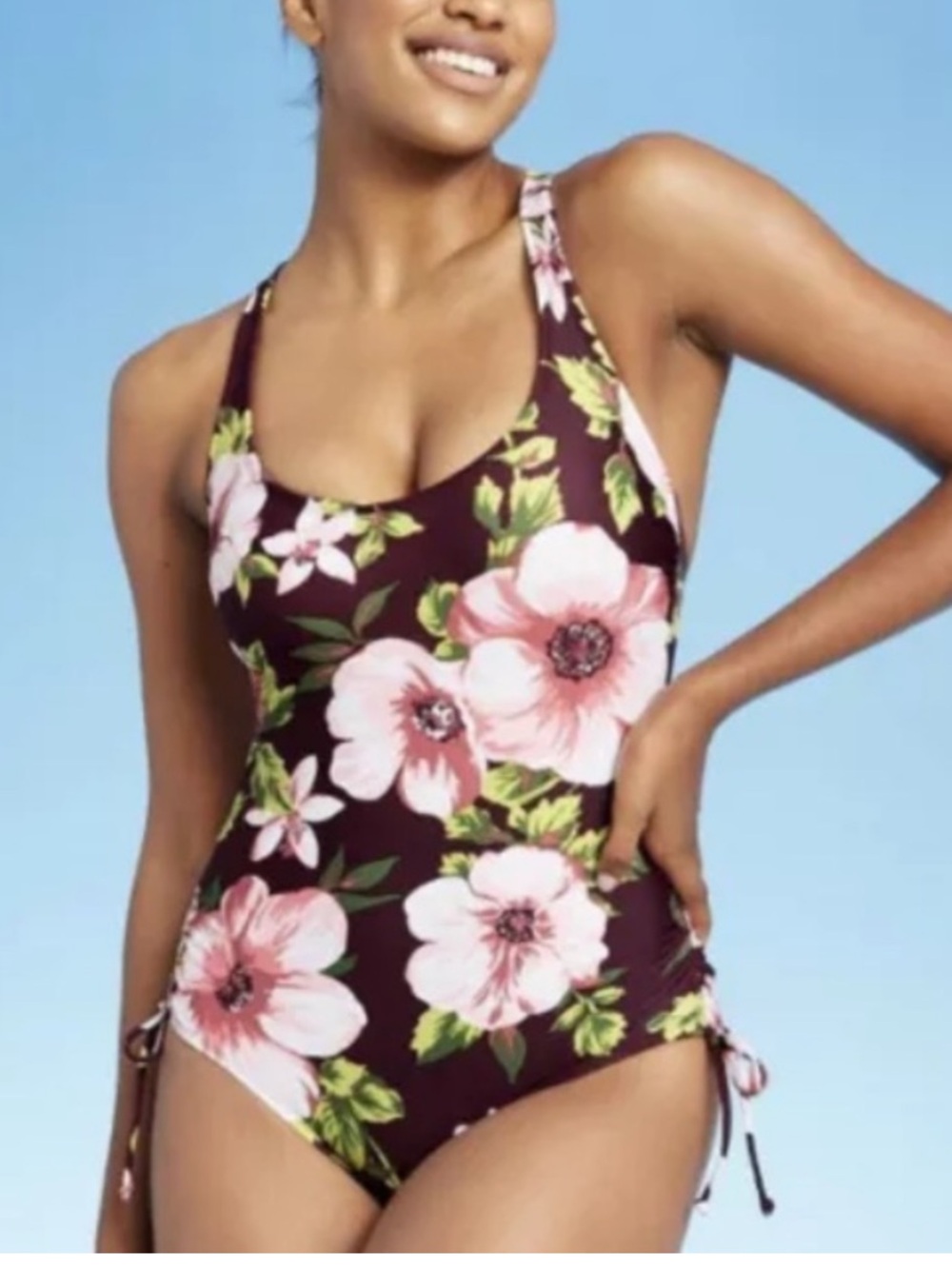 Kona Sol women's side-cinch one-piece swimsuit burgundy floral print small